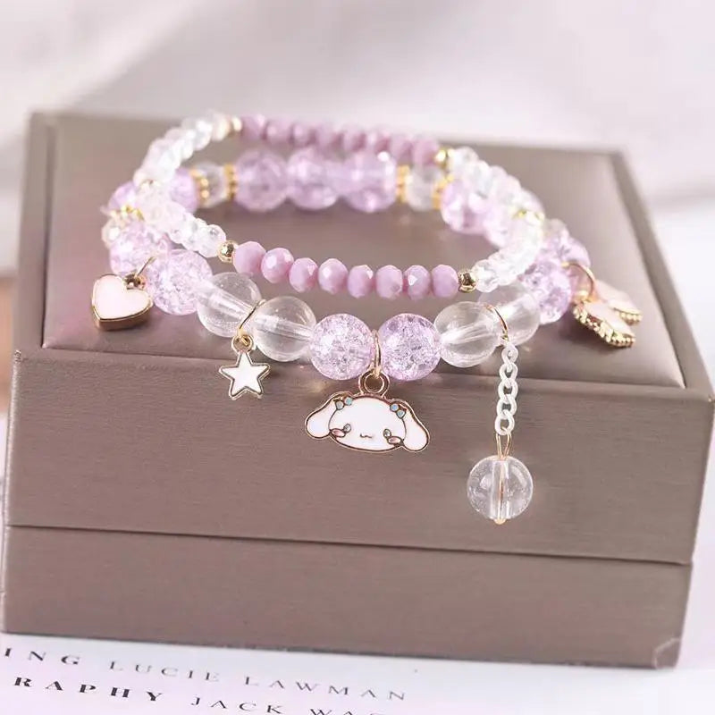 Sanrio Anime Summer Clear Jade Osmanthus Dog Bracelet Lovely Sweet Girl Student Crystal Bead Chain Animation Derivatives Gift