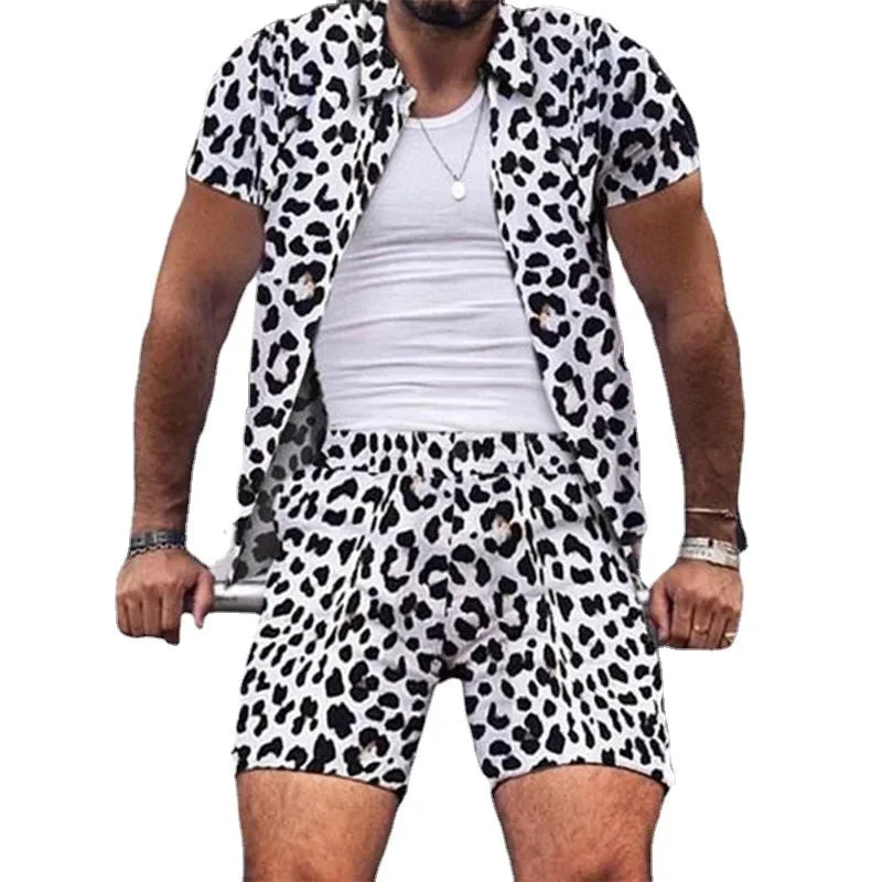 Men Clothes Trend Men Sets Leopard Print Men's Two Piece Outfits Street Casual Printing Short-sleeved Shirt Shorts Fashion Suit