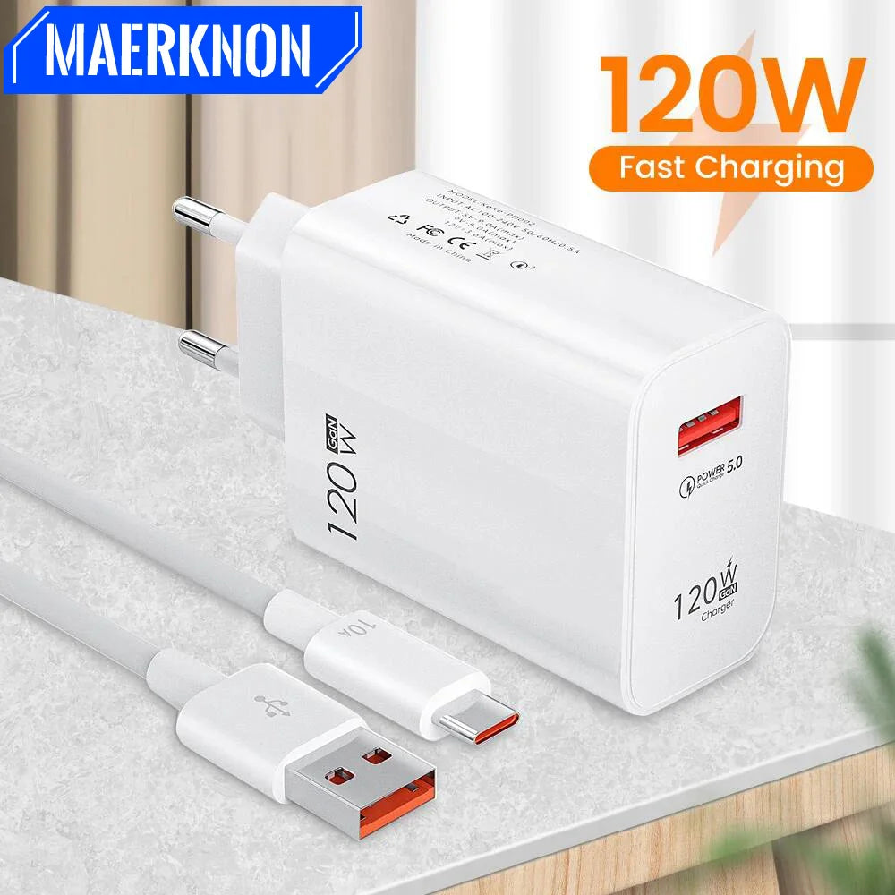 120W USB GaN Charger Quick Charge 3.0 Fast Charging Mobile Phone Adapters Wall Charger Type C Cable For iPhone 15 Samsung Xiaomi