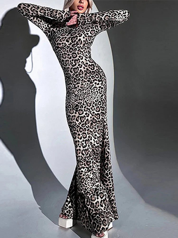 Sexy Leopard Print Dress Women Long Sleeve Turtleneck Slim Midi Female Dresses 2024 Spring Summer Fashion Bodycon Vestidos
