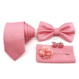 5 Pcs Slim Plaid Tie Set Polyester Pink Blue Necktie Bowtie Cufflink Brooch For Groom Suit Wedding Cravat Shirt Accessory Gift