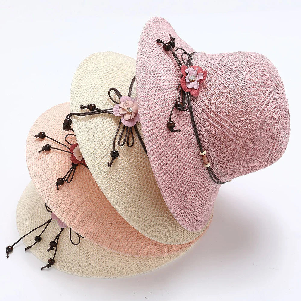 Bow Flowers Straw Hat Sweet Foldable Beach Hat Wide Brim Elegant Bucket Hat Sunscreen Outdoor Casual Sun Cap Women All Match