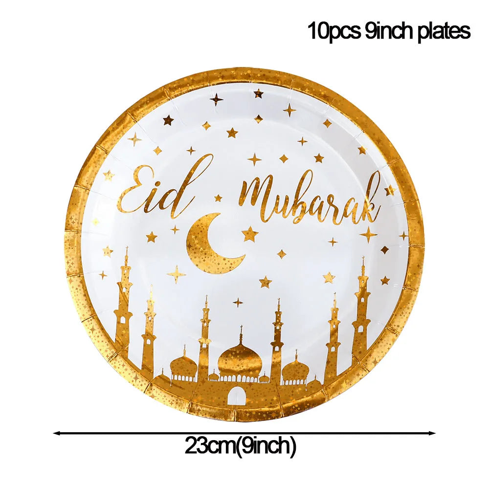 Gold Eid Mubarak Disposable Tableware Star Moon Gilded Plate Cup Gift Box EID Party Supplies 2024 Ramadan Mubarak Kareem Decor