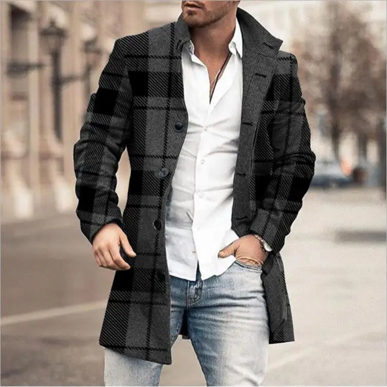 Men Clothing 2023 European American Autumn Winter New Men's Woolen Stand Neck Mid Length Pocket Casual Woolen Coat