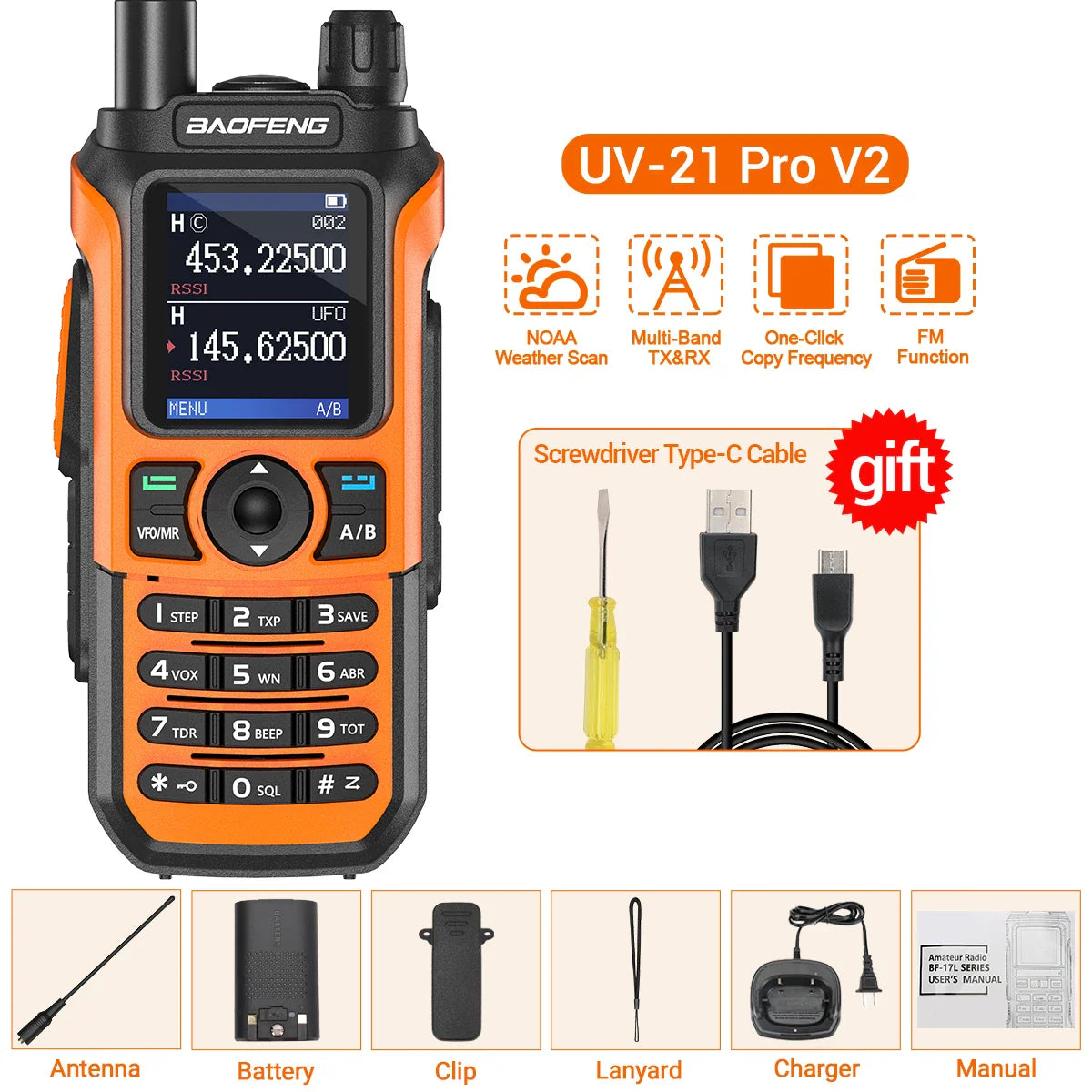 Baofeng UV-21 PRO V2 Walkie Talkie Wireless Copy Frequency 16 KM Long Range TYPE-C Two Way Radio Ham CB Radio UV-5R UV-17