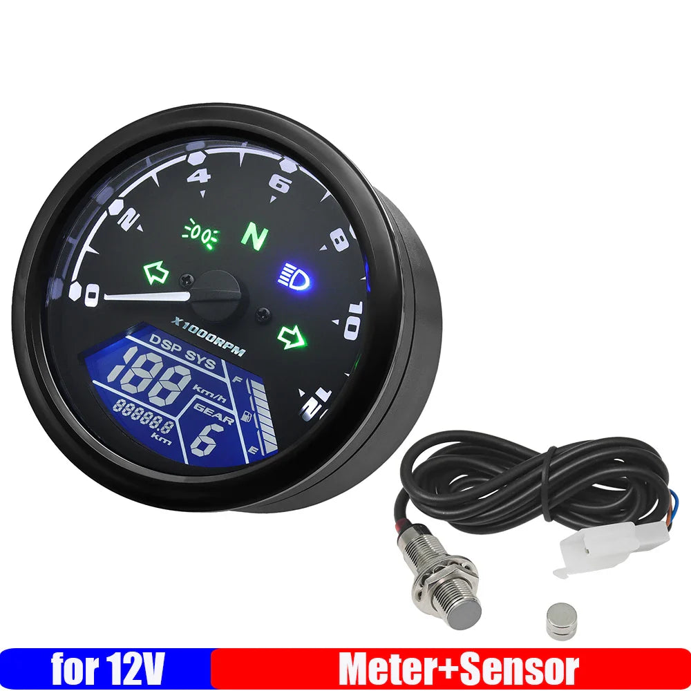 Universal Motorcycle Instrument Digital LCD Speedometer Meter Sensor Tachometer 0~12000RPM for 1-4 Cylinder Motorbike 12V