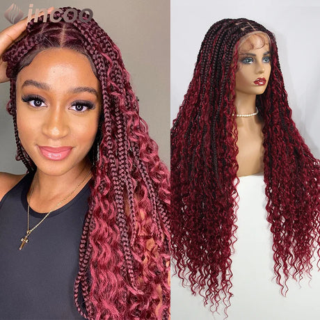 Blonde Bohemian Box Braids Wigs With Curly Hair Synthetic Braid Lace Frontal Wigs Goddess Locs Braided Wigs Burgundy Hair 32"