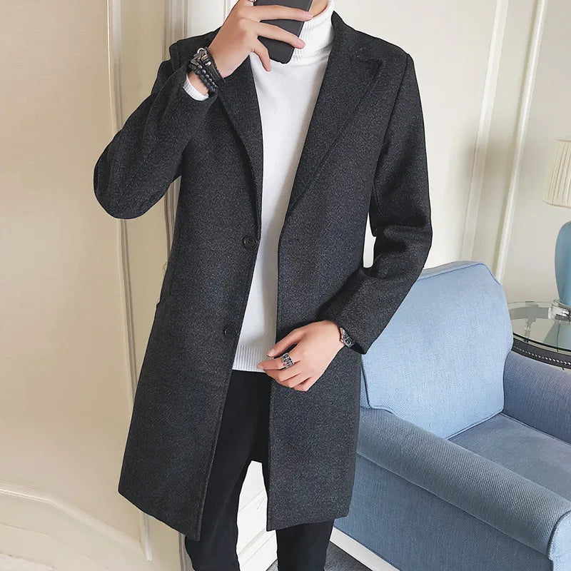 Men's Fashion Warm Casual Windbreaker Long Coat 2023 New Autumn/Winter Solid Color Woolen Coat Slim Fit Long Windbreaker Coat