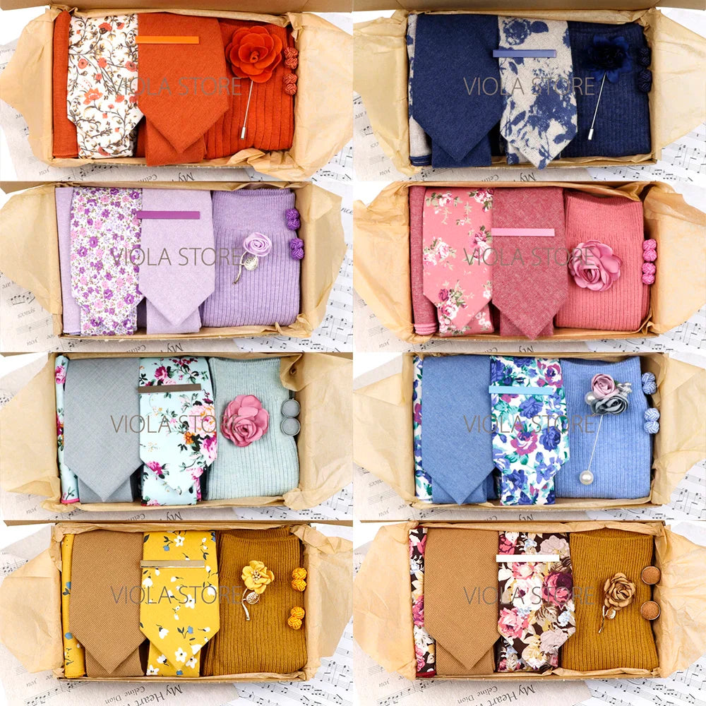 Viola Design 7 PCS Gift Box Cotton Sock Tie Sets Clip Pin Cufflinks Hanky Solid Floral Men Wedding Party Daily Cravat Accessory