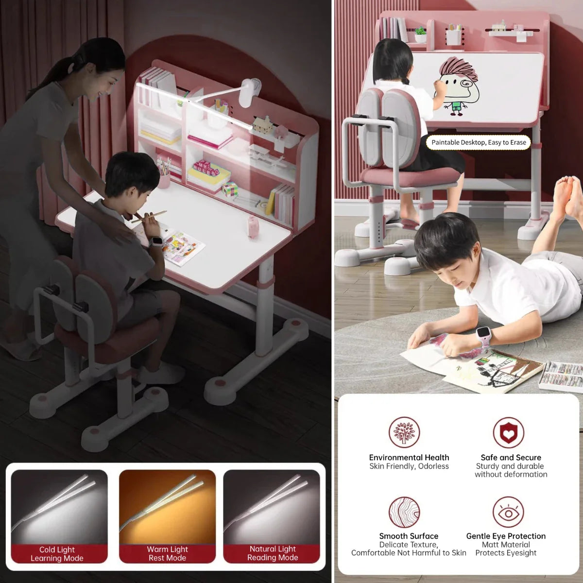 Kids Study Desk and Chair Set, Height Adjustable Ergonomic Children Writing Table with Tilt Desktop, Drawers, Lamp, Bookstand