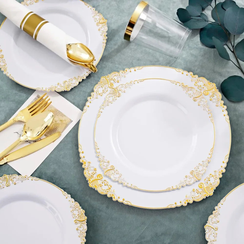 350PCS Gold Disposable Dinnerware Set for 50 Guests, 150 Gold Plastic Silverware, 50Cups, Napkins