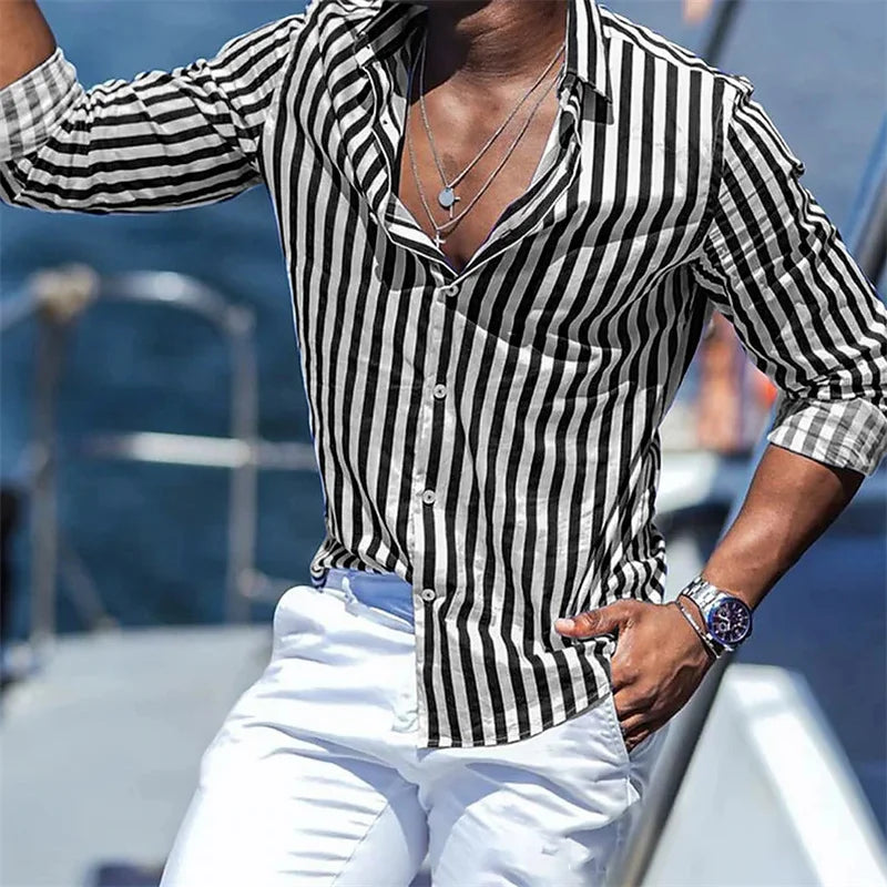 Men's button-up shirt casual business spring and summer large size long-sleeved striped print work daily vacation shirt