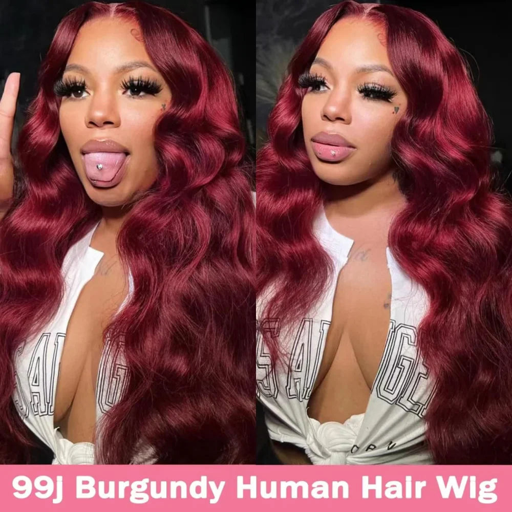 13x4 Body Wave Lace Front Wig Human Hair Wigs 99J Red Burgundy Colored HD Transparent Pre Plucked Lace Frontal Human Hair Wigs