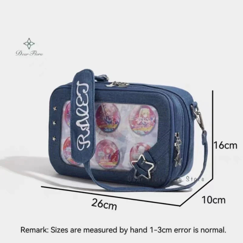 Women's Y2K Fashion Moto Style Shoulder Bag Individuality Aesthetic Ita Bag Transparent Front Pocket DIY Messenger Crossbody Bag