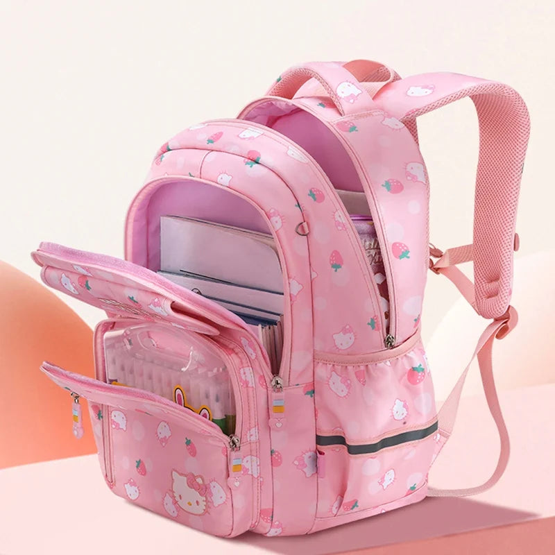 Sanrioed Hello kitty Schoolbag Cartoon Strawberry Kitty Cat Bags Burden Alleviation Protect Spine Waterproof Anti Lost Backpack