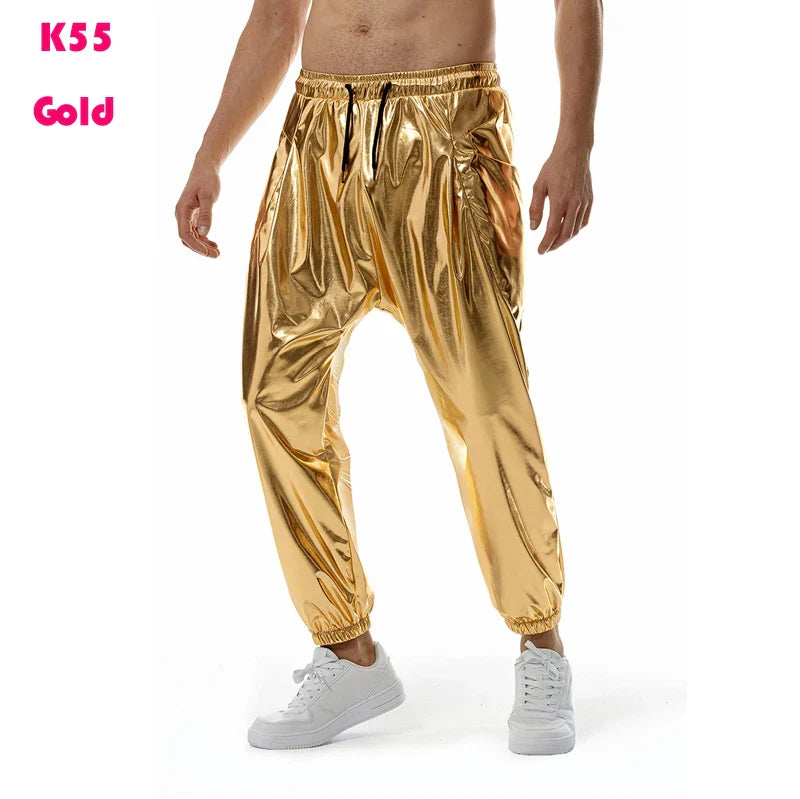 Mens Shiny Silver Metallic Jogger Sweatpants Hip Hop Wet Look Trousers Men Club Party Festival Prom Streetwear Pantalones Hombre