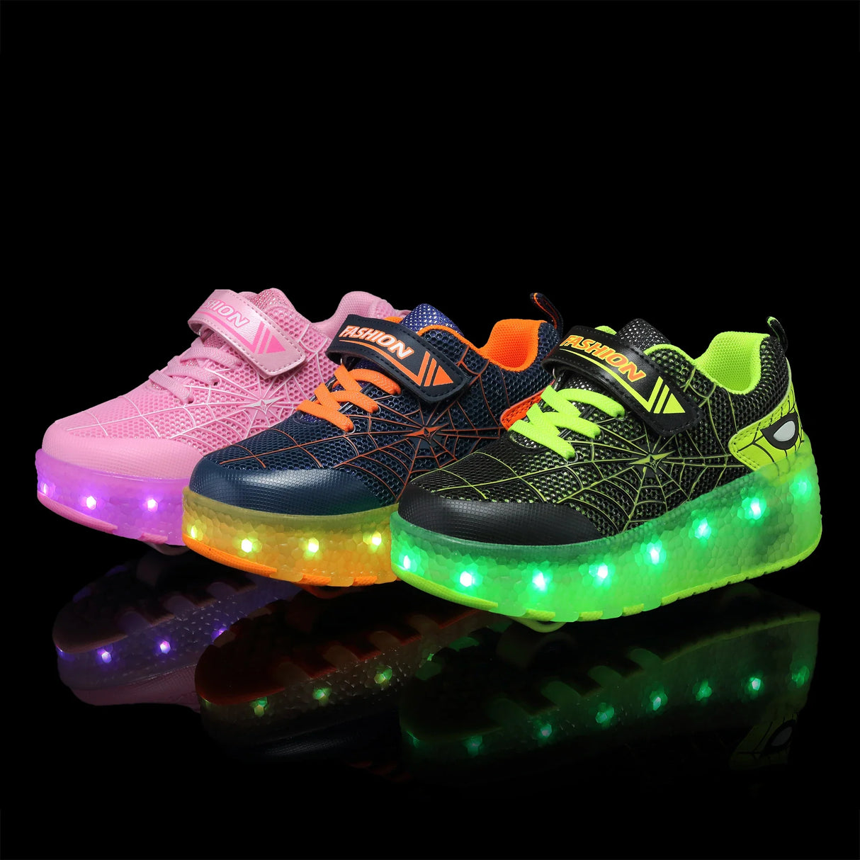 Kid Sneakers Spider Cartoon Mesh Usb Charge Luminous Shoes Outdoor Sport Roller Skates Child Skate Shoes Boys Girls Casual Shoes