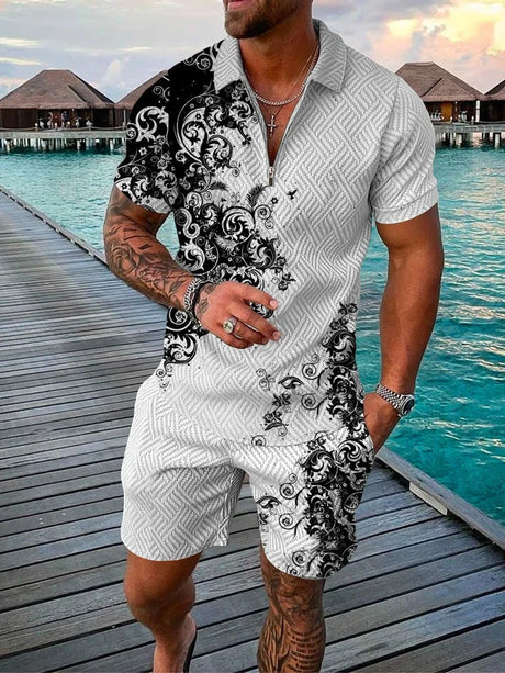 Boho Geometric Style 3D Print Men Polo shirts Set Zipper Lapel Polo Sets Zipper Collar+Shorts 2pcs Hawaii Holiday Man Clothes