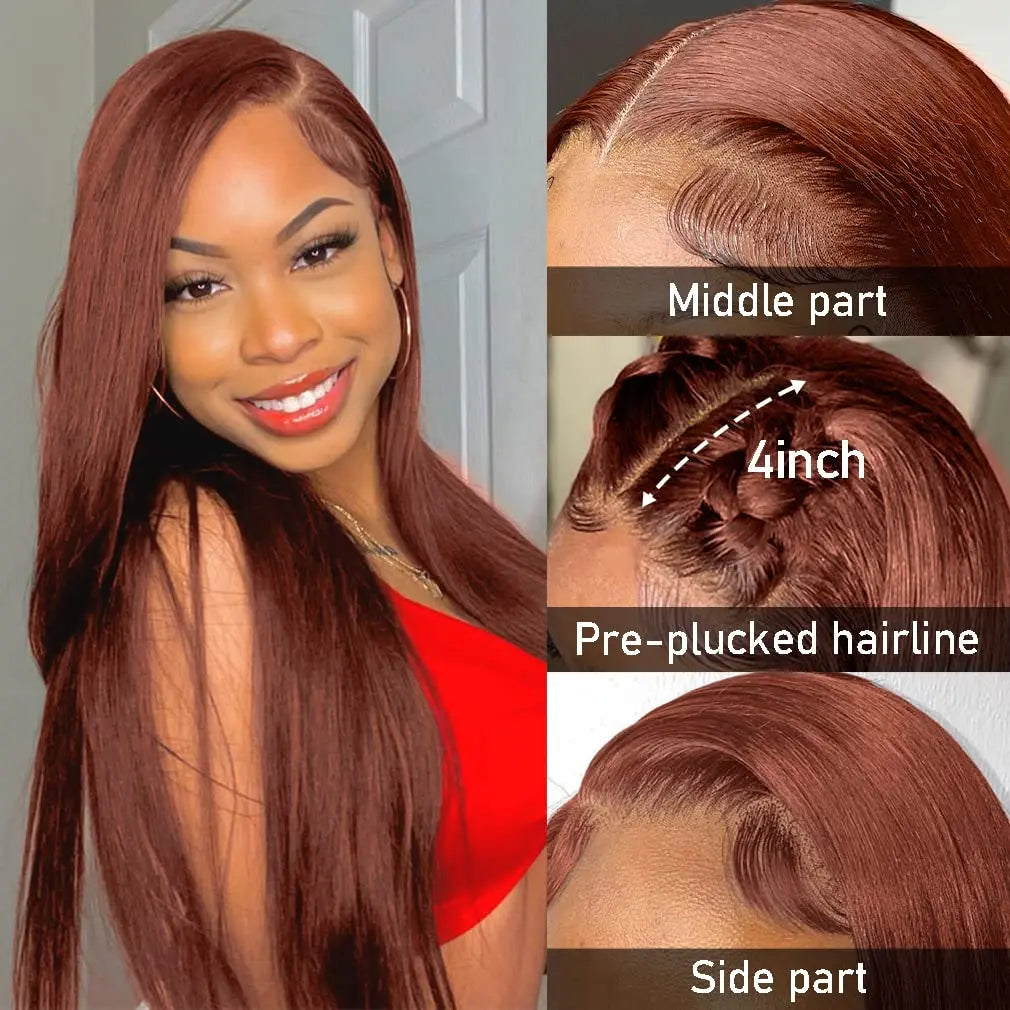 Reddish Brown Lace Front Human Hair Wigs Pre Plucked Dark Red Brown Bone Straight 13x4 13x6 HD Lace frontal Wig Brazilian Hair