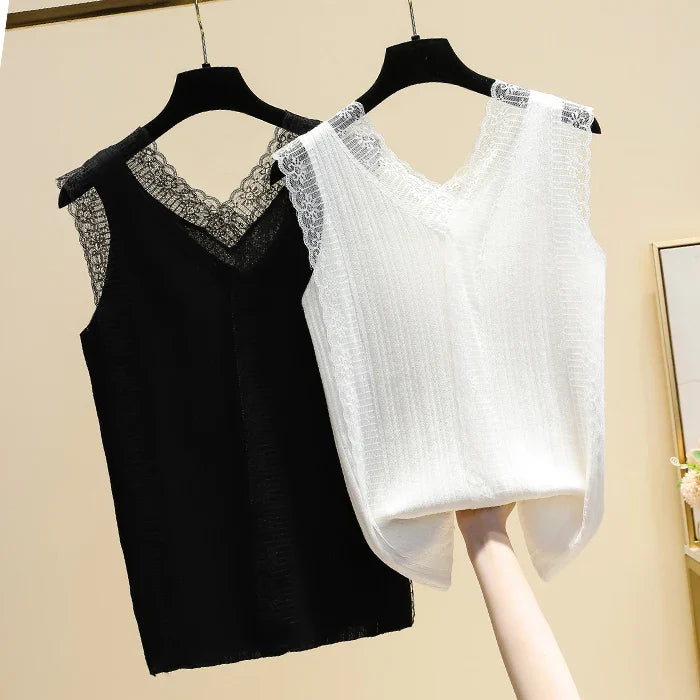 Large Plus Size 3XL 4XL Women Knitted Vest Top 2023 New Summer Lace Patchwork Sweater Tanks & Camis Y2K Sexy  Street Clothing