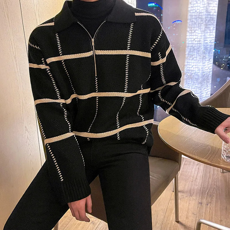 Plaid lapel Knitted Polo Shirt Men's Autumn and Winter Korean Version Loose Lazy Wind Long-sleeved Pullover Sweater