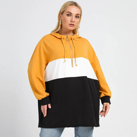 Plus Size Women Loose Casual Hoodies Top Drop Shoulder O-ring Zipper Drawstring Mixcolor Hoodie Long Drawstring Plus Sweat Shirt