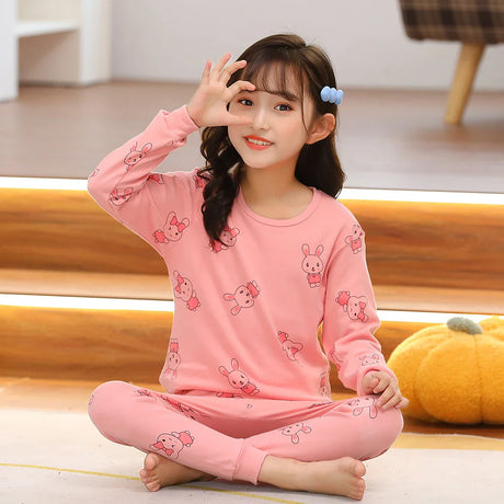 Autumn Cotton Sleepwear Sets for Children Baby Girls Lovely Heart Pajamas 2Pcs Long Sleeve Shirts+Pants Loungewear Kids Clothing