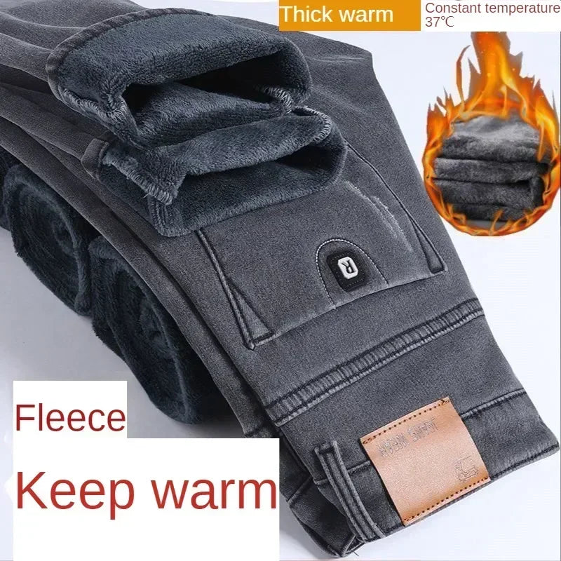 Autumn and Winter Plush Wool Korean Fashion Men Skinny Jeans Men Brushed Denim Fleece Slim Keep Warm Thick Pants Trousers Jeans