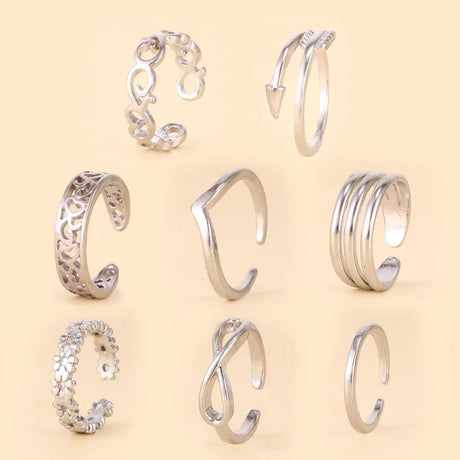 8 Pcs/Set Silver Color Toe Rings for Women Gold Color Adjustable Toe Rings Various Types Band Rings Open Ring Set Beach Jewelry