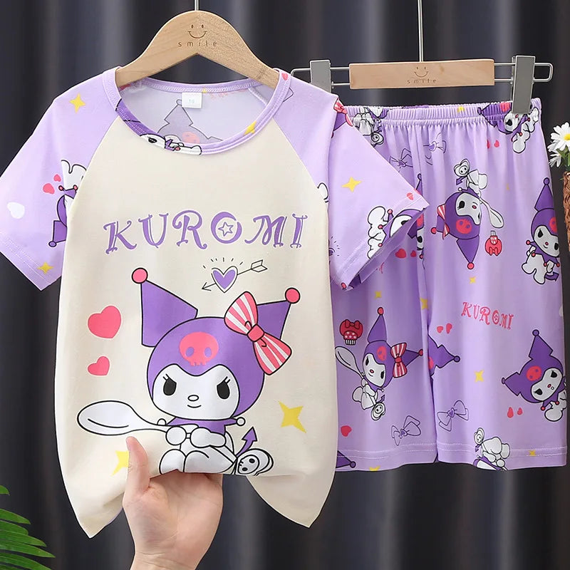 Anime Summer Kids Ice Silk Pajamas Kawaii MyMelodys Kuromis Cinnamorolls Cartoon Short Sleeve Cardigan Loungewear Set