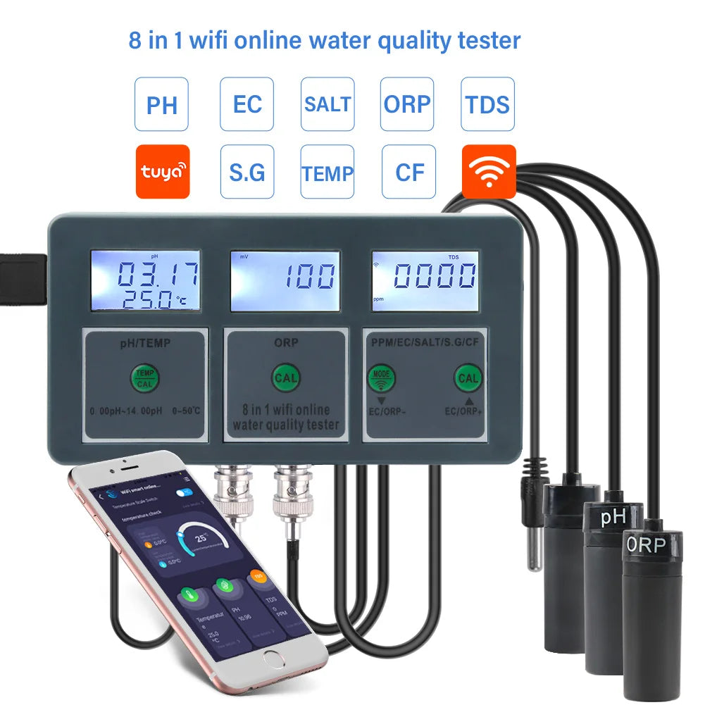 WiFi Tuya Smart PH Meter Data Logger Temp TDS Salinity S.G. EC ORP Water Tester Monitor Analyzer for Aquariums Pool Hydroponics