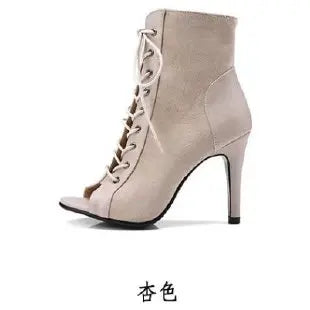 Stiletto High Heels Summer Boots Women Ladies Mesh Net Boots Peep Toe Shoes Woman Cross Tied Nude Ankle Boots