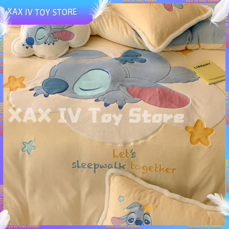 Cartoon Kawaii Disney Stitch Milk Velvet Four-piece Warm Bed Linen For Children In Winter Animation Derivatives Holiday Gift