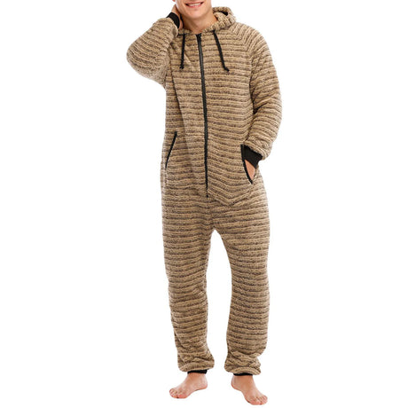 Men's Hooded Jumpsuit Pajamas Long Sleeve V Neck Zip Up Romper Pants Fall Winter Warm Loungewear Sleepwear