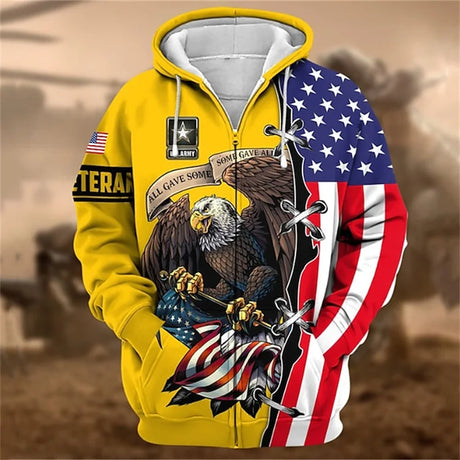 New 3D US ARMY Printed Zip Up Hoodies For Men US VETERAN Military Graphic Zip Up Hoodie Kid Fashion Cool Sweatshirts Vintage Top