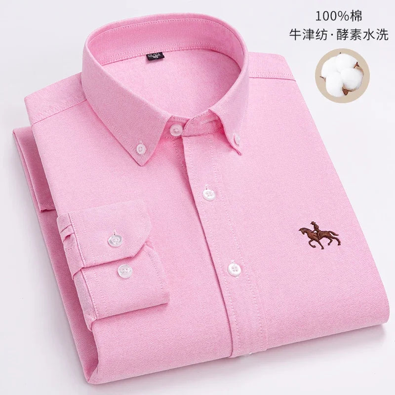 2023 100% Cotton Oxford Man Leisure Embroidered Horse Shirts Streetwear Oversized  Men Shirt Floral Long Sleeve Casual Plus Size