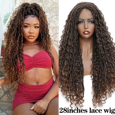 X-TRESS Goddess Faux Locs Wigs Long Braided Lace Front Synthetic Braids Wig Bohemian Curly Hair Crochet Braiding Hair for Women