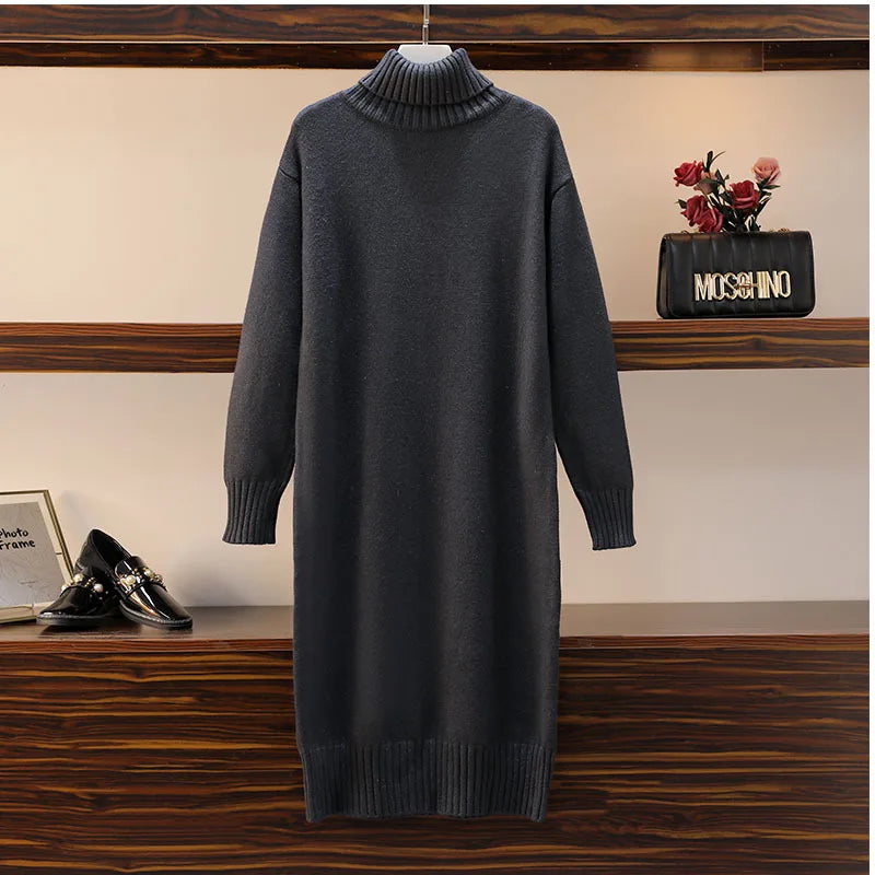 Knitted dress autumn and winter women's loose long sweater pullover turtleneck solid casual female