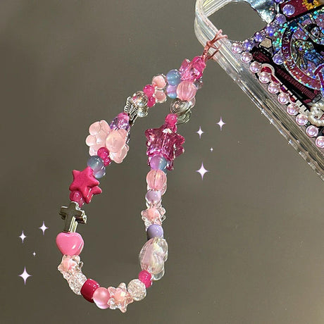 Pink Bear Pentagram Beaded Mobile Phone Chain Lanyard Charm Women Girls y2k Phone Chain Jewelry Telephone Pendant Decoration