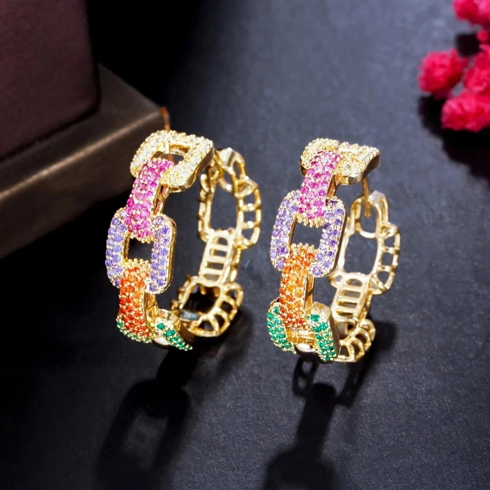 CWWZircons New Trendy Colorful Micro Pave CZ Stones Gold Plated Geometric Cuban Chain Link Hoop Earrings for Women Jewelry CZ345