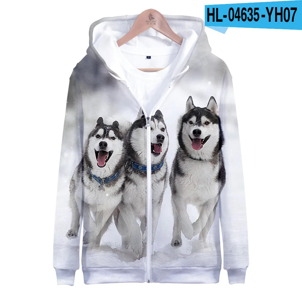 Animal Dog Husky 3D Print Zip Up Hoodie Women Men Harajuku Sweatshirt Streetwear Hip Hop Zipper Hooded Jacket Male Tracksuit