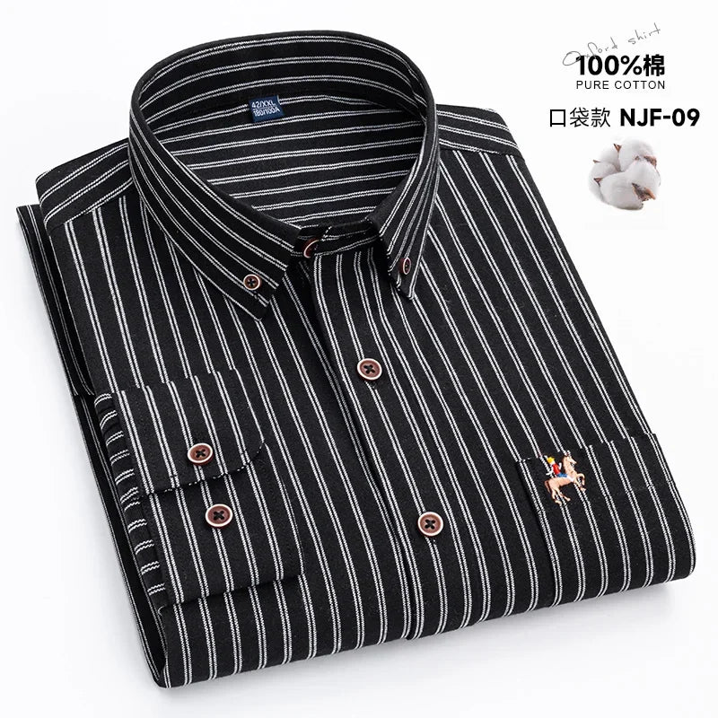 M~6XL Men's Shirt Long Sleeve Cotton Oxford Fashion Casual One Pocket Regular Fit Striped Business Formal Shirt