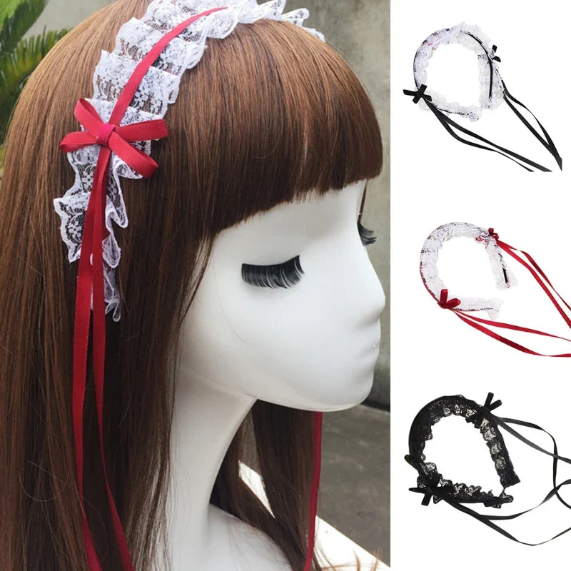 Ruffled Lace Long Ribbon Bowknot Headband Cosplay Headdress Japanese Sweet Lovely Lolita Maid Hair Hoop Accessories Dropship