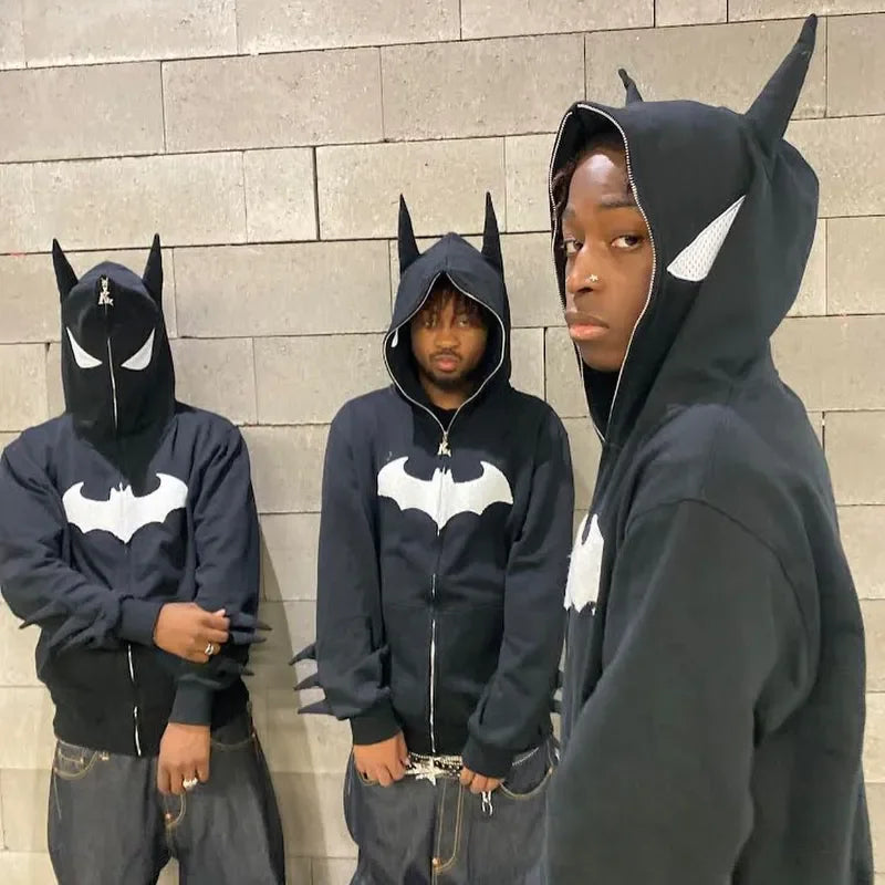 Y2K Zip up Hoodie Harajuku Bat Animation Flocking Hip Hop Streetwear Goth Men Sweatshirt Couple Street Fashion Trend Hoodie Tops