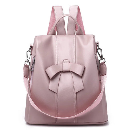 TRAVEASY PU Leather Vintage Bows Cute Woman Backpack Small Casual Middle School Shoulder Bag Elegant Outdoor Travel Handbag Pink