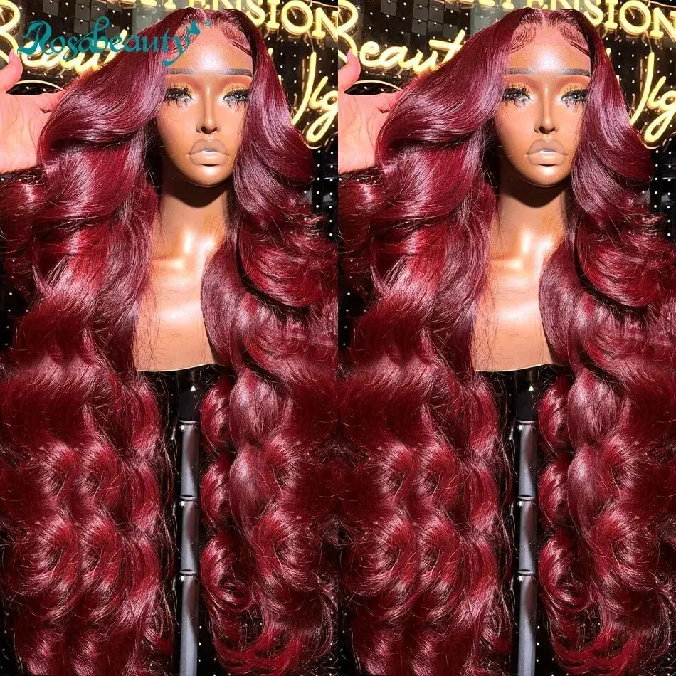 Rosabeauty 250 Density 99J Burgundy 13x4 13X6 HD Body Wave Lace Front Human Hair Wigs 40 Inch Red Colored Frontal Wig for Women