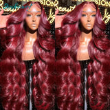 Rosabeauty 250 Density 99J Burgundy 13x4 13X6 HD Body Wave Lace Front Human Hair Wigs 40 Inch Red Colored Frontal Wig for Women