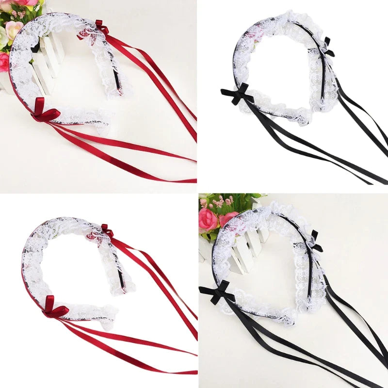 Ruffled Lace Long Ribbon Bowknot Headband Cosplay Headdress Japanese Sweet Lovely Lolita Maid Hair Hoop Accessories Dropship