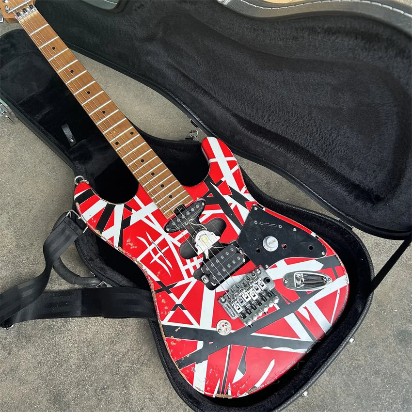 STOCK Edward Eddie Van Halen Heavy Relic Red Franken Electric Guitar Black White Stripes Tremolo Bridge Slanted Pickup