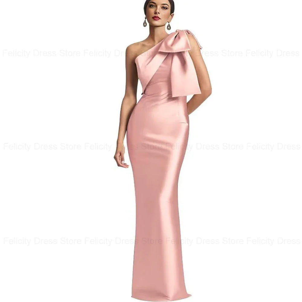 Exquisite Mother of the Bride Dresses 2023 Sheath One-Shoulder Satin Bow Floor-Length Wedding Guest Dresses فستان حفلات الزفاف